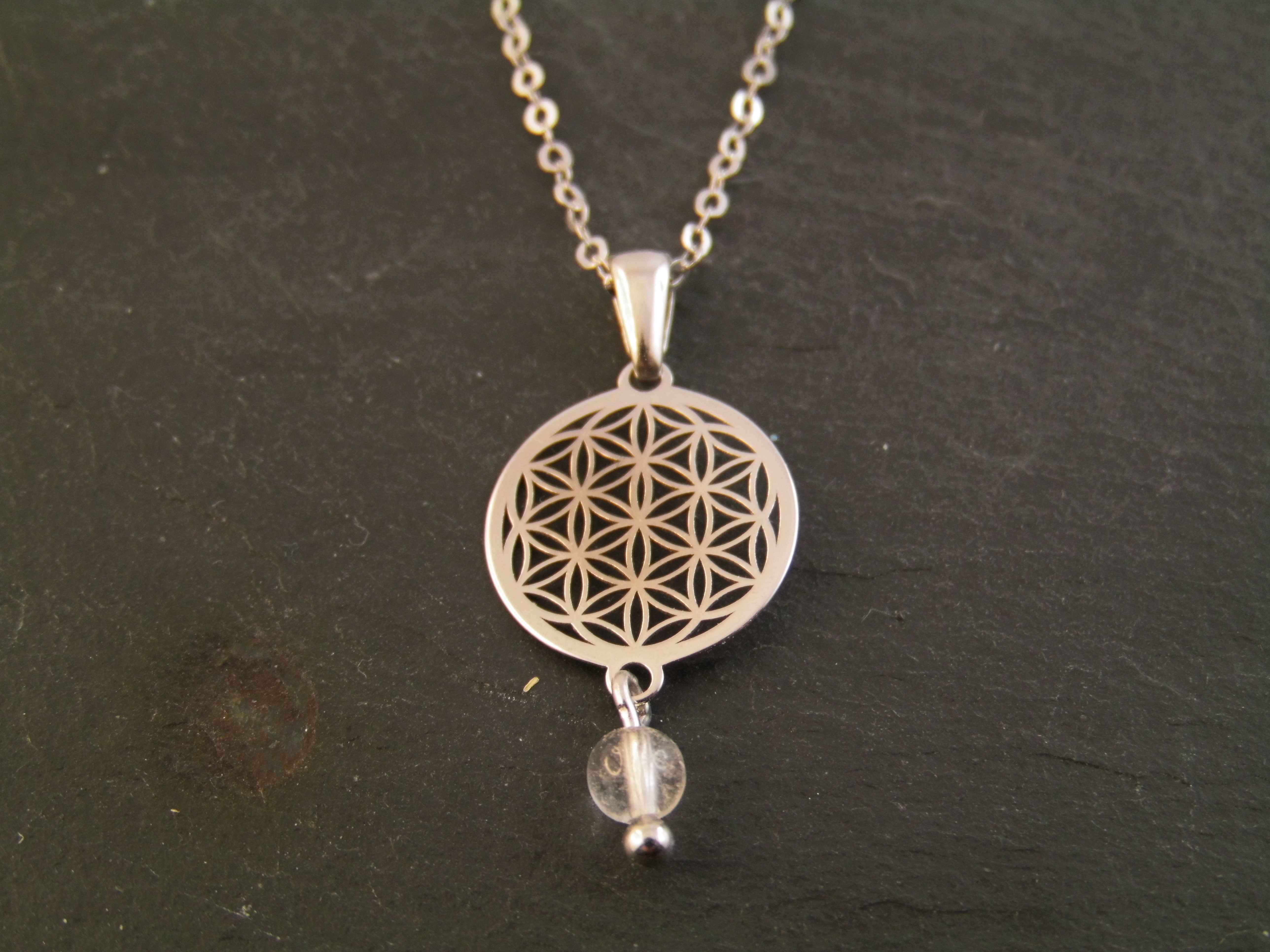 925er Echt Silber Kette rhodiniert Blume des Lebens mit Bergkristall